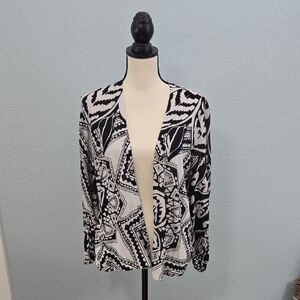 CHICO'S Black & White Open-Front Geometric Cardigan Cinched Sleeves Sz 2 / Large
